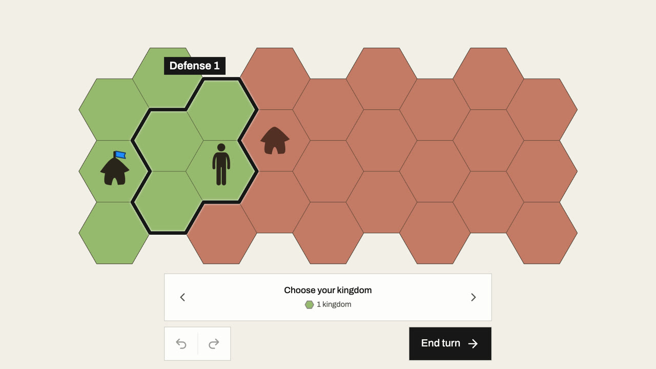A wall labeled Defense 1 surrounds a green Villager and the green hexes beside it