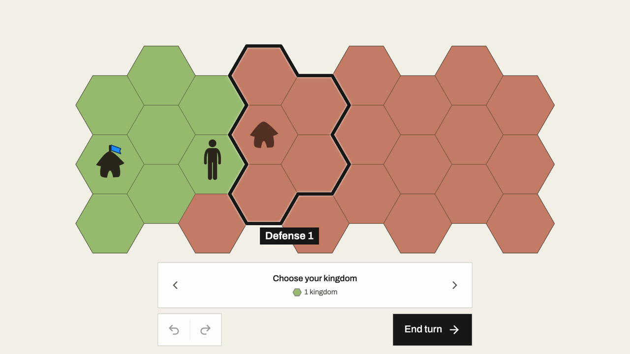 A wall labeled Defense 1 surrounds the red capital and the red hexes beside it