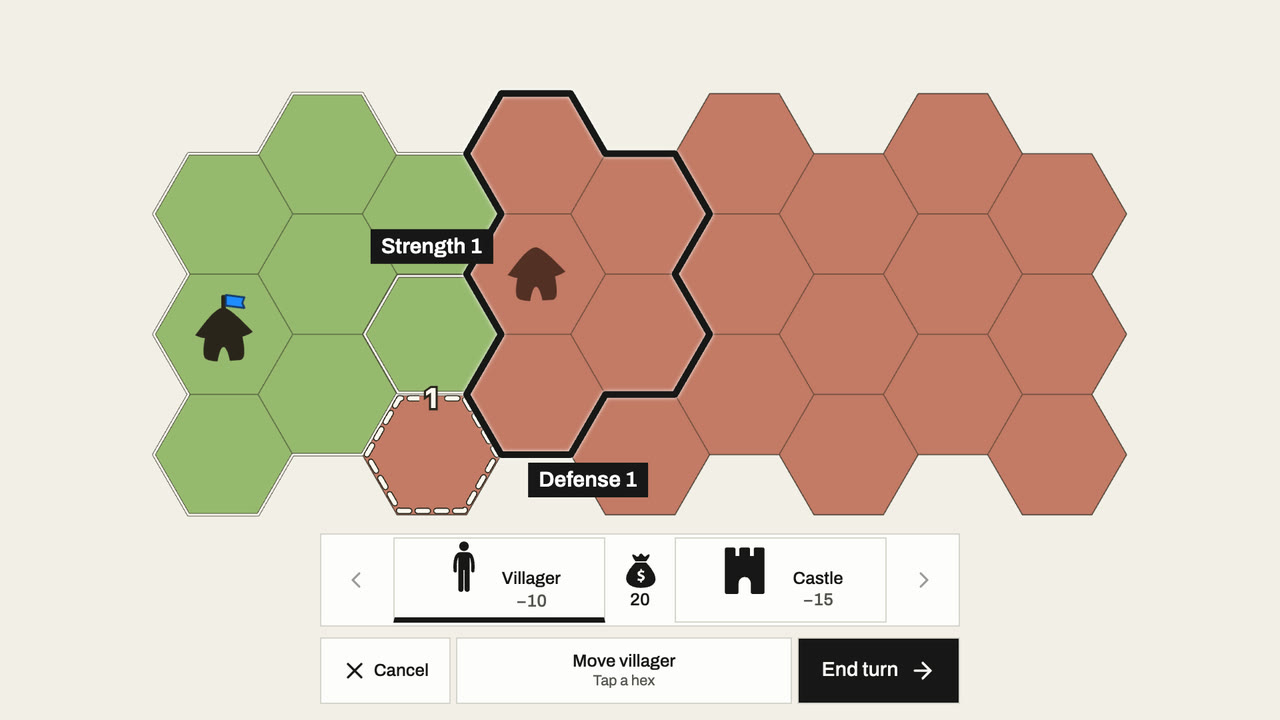 The Villager, labeled Strength 1, is selected and can reach an open red hex but nothing inside the capital’s wall