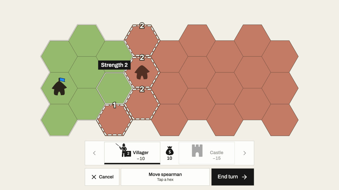 The Villager is now a Spearman labeled Strength 2, and the hexes beside the red capital are within reach