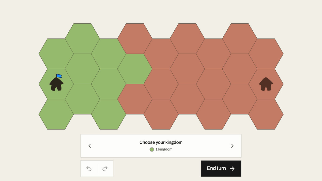 A green kingdom of ten hexes, its capital flying a flag, beside red land on a small island