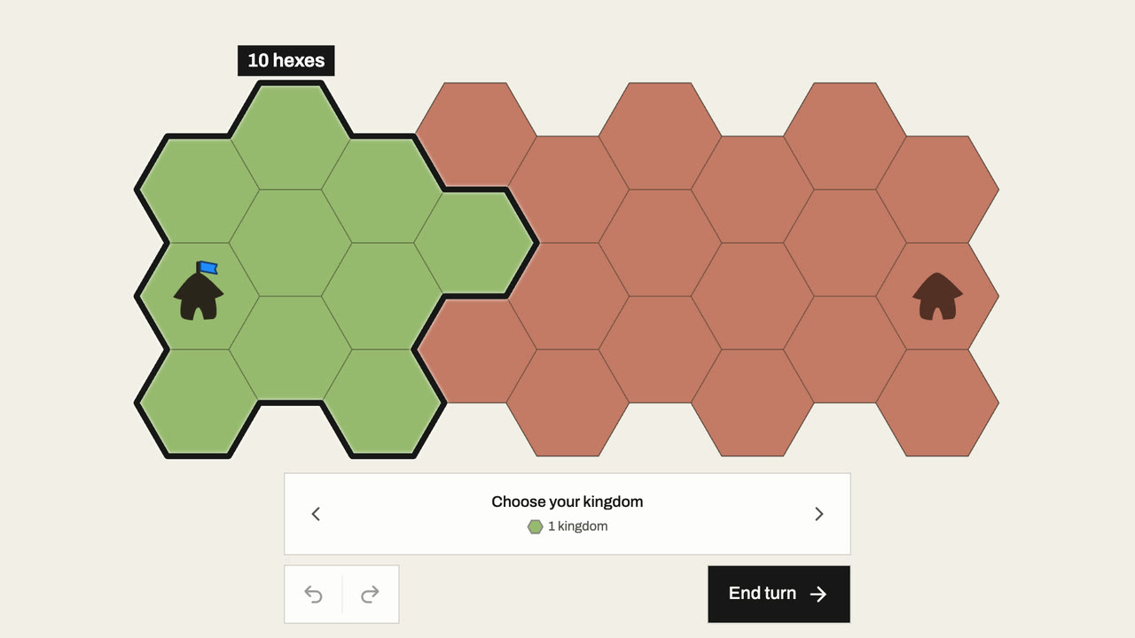 A wall labeled 10 hexes surrounds the green kingdom