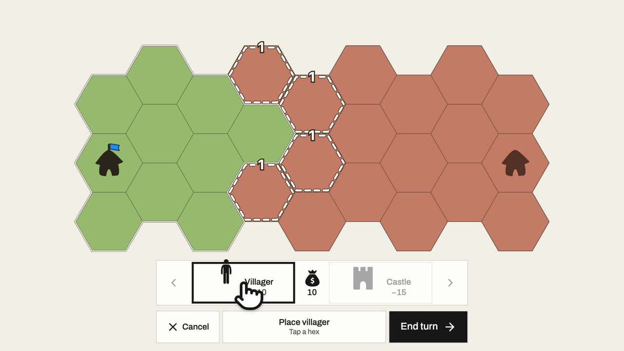 A Villager is ready to place, and the red hexes along the green border are marked as drop points