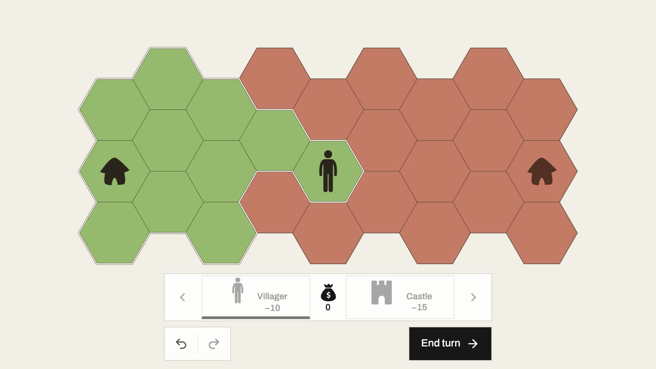 The Villager stands on a red border hex that is now green
