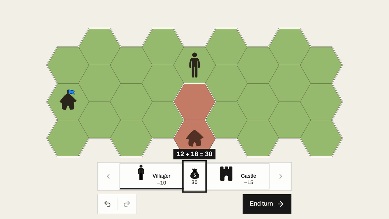 A Villager has taken the red hex between them, and the joined kingdom’s gold counter reads 12 + 18 = 30