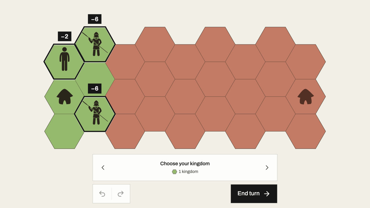 Three green units are labeled with their upkeep: −2 for the Villager and −6 for each Spearman