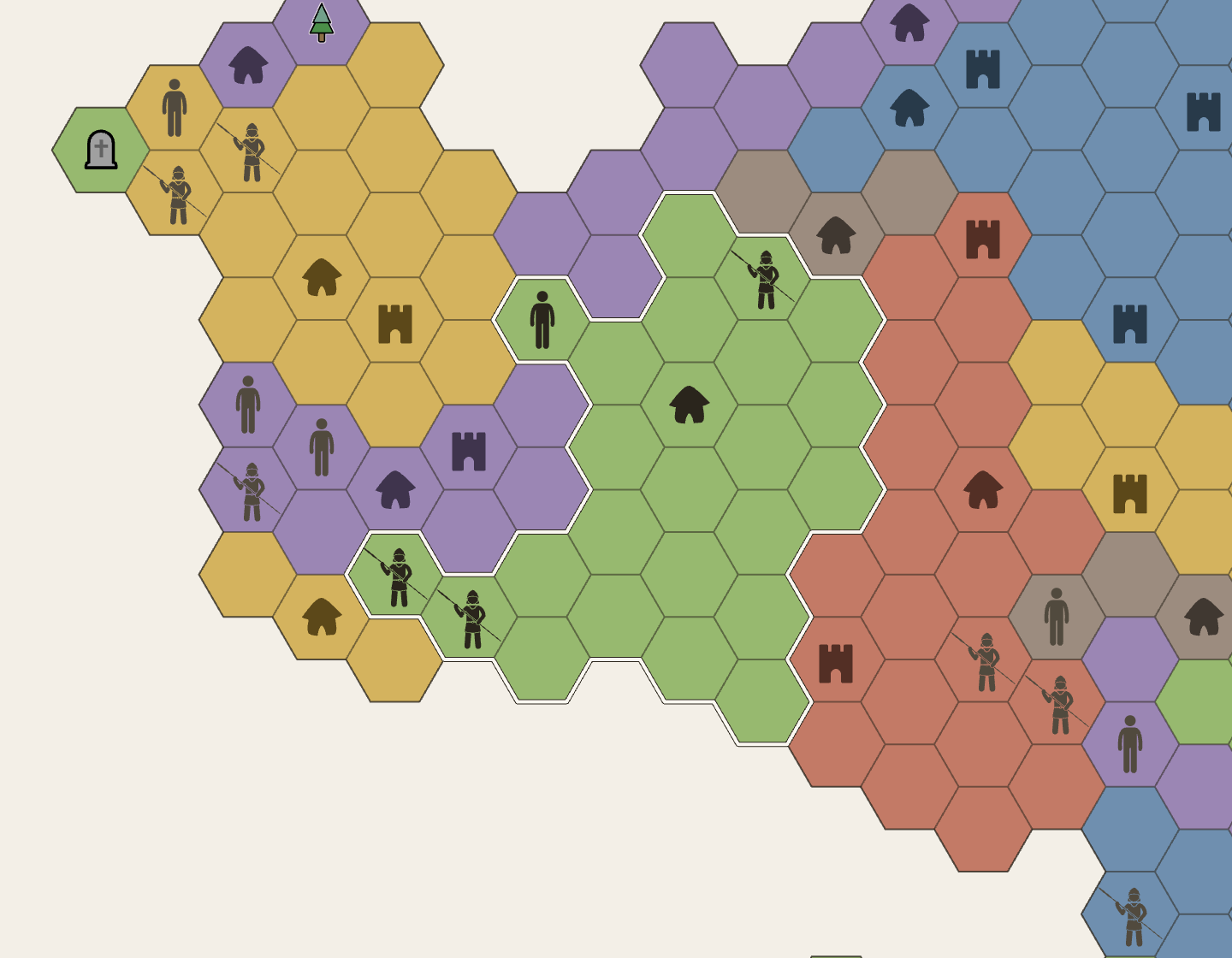 After the capture: the green Villager holds the link, and purple is now two kingdoms; the half with its three units has a new capital