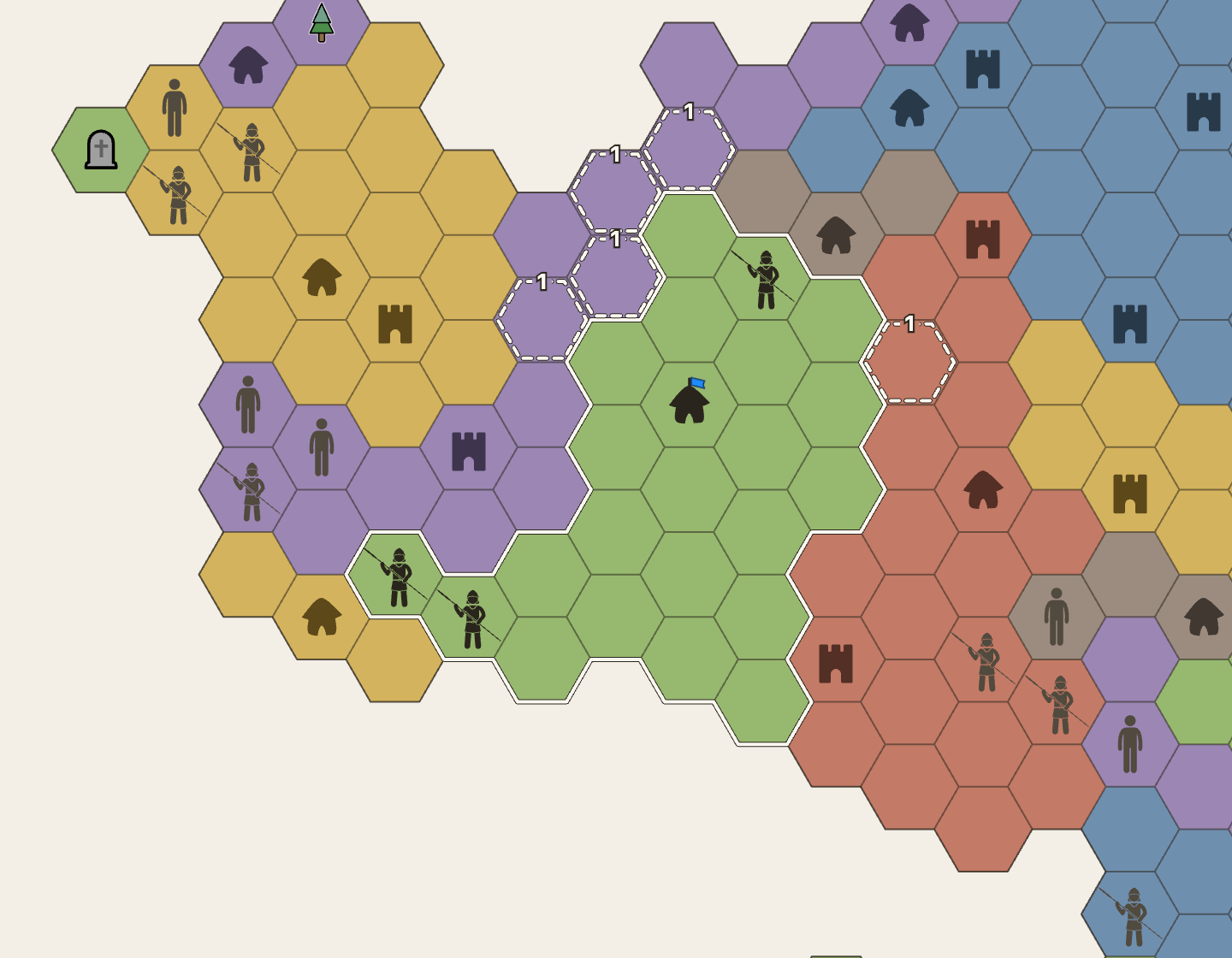 Before the capture: a new green Villager can take any of several dashed hexes, and the far-left one links purple’s capital to its three units