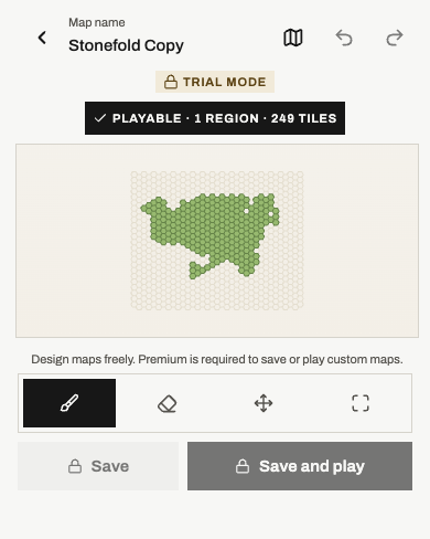 Dominex map editor in trial mode, with validation, tools, Save and Save and play