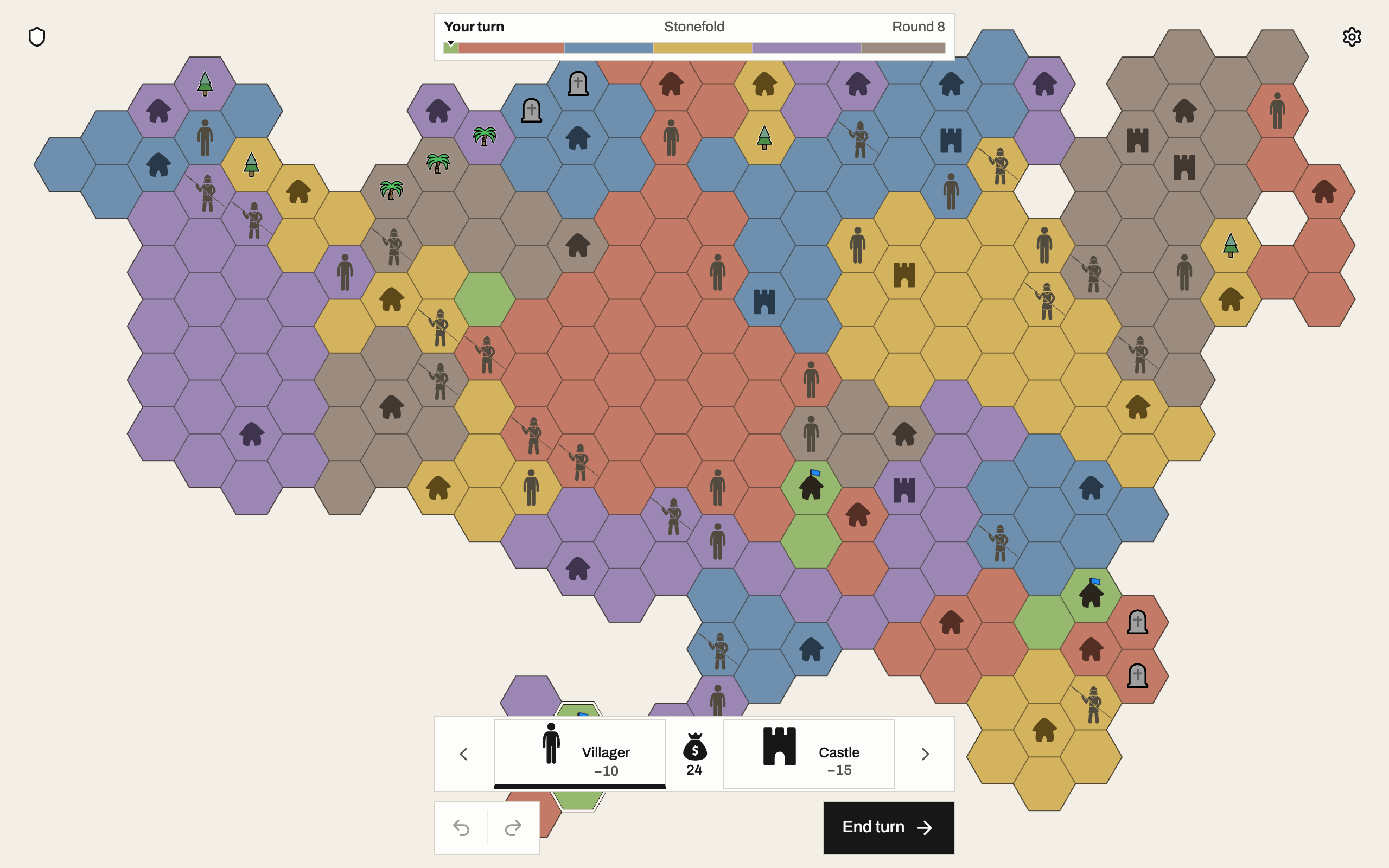 A real Stonefold match with six kingdoms contesting a hex board